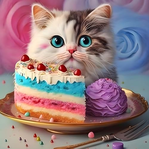 DOMROM Katze Diamond Painting, Tier Diamant Painting Bilder Erwachsene Kinder, Kuchen Diamant Malerei Kits DIY 5D Diamant Art Painting Strass Stickerei Malerei Painting Set für Home Décor 30x30cm von DOMROM