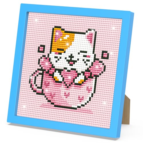 DOMROM Katze Diamond Painting Kinder mit Rahmen, 5D DIY Diamond Painting Set Full Mosaic Making für Mädchen & Jungen Erwachsene, Diamant Painting Bilder Arts Craft für Home Wand Decor 18x18cm von DOMROM