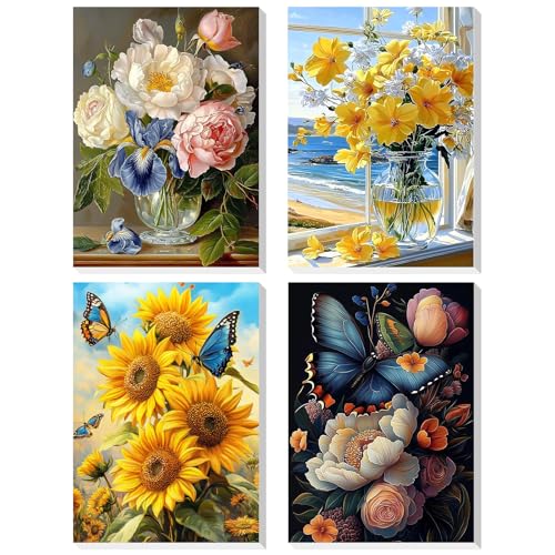 DOMROM Malen Nach Zahlen Erwachsene, 4 Stück Malen Nach Zahlen mit Rahmen Blumen, Sonnenblume Paint By Numbers Adults DIY Handgemalt Acrylic Öl Leinwand Rahmen Gemälde Set für Home Wand Dekor(20x30cm) von DOMROM