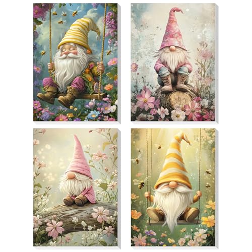 DOMROM Malen Nach Zahlen Erwachsene, 4 Stück Malen Nach Zahlen mit Rahmen Gnome, Blumen Paint By Numbers Adults DIY Handgemalt Acrylic Öl Leinwand Rahmen Gemälde Set für Home Wand Dekor(20x30cm) von DOMROM