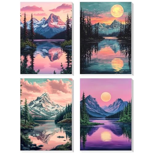 DOMROM Malen Nach Zahlen Erwachsene, 4 Stück Malen Nach Zahlen mit Rahmen Landschaft, Bergspitzen Paint By Numbers Adults DIY Handgemalt Acrylic Öl Leinwand Rahmen Gemälde Set für Home Dekor(20x30cm) von DOMROM