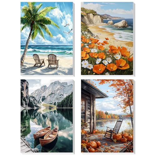 DOMROM Malen Nach Zahlen Erwachsene, 4 Stück Malen Nach Zahlen mit Rahmen Landschaft, Paint By Numbers Adults DIY Handgemalt Acrylic Öl Leinwand Rahmen Gemälde Set für Home Wand Dekor(20x30cm) von DOMROM