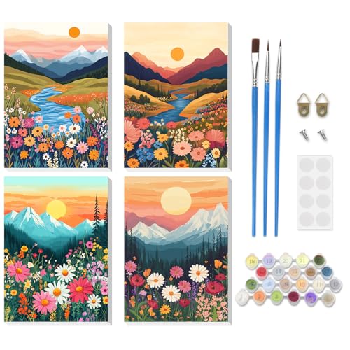 DOMROM Malen Nach Zahlen Erwachsene, 4 Stück Malen Nach Zahlen mit Rahmen Landschaft, Sonnenaufgang Paint By Numbers Berg Blumen Handgemalt Acrylic Öl Leinwand Rahmen Gemälde Set für Dekor(20x30cm) von DOMROM