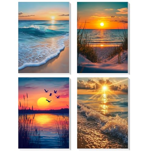 DOMROM Malen Nach Zahlen Erwachsene, 4 Stück Malen Nach Zahlen mit Rahmen Landschaft, Strand Sonnenuntergang Meer Paint By Number Adults DIY Handgemalt Acrylic Öl Leinwand Rahmen Gemälde Set(20x30cm) von DOMROM