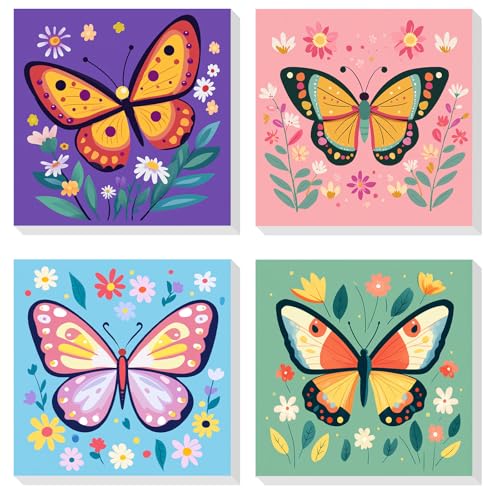 DOMROM Malen Nach Zahlen Erwachsene, 4 Stück Malen Nach Zahlen mit Rahmen Schmetterling, Blumen Paint By Numbers Adults DIY Handgemalt Acrylic Öl Leinwand Rahmen Gemälde Set für Home Dekor(20x20cm) von DOMROM
