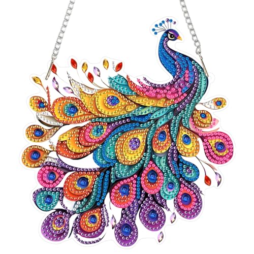 DOMROM Pfau Diamond Art Painting Anhänger, Buntes Diamond Painting Fensterbilder anhänger, Diamond Painting Hängende Ornament für Kinder Erwachsene Diamant Malerei Basteln Tür Wand Fenster Deko von DOMROM