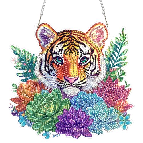 DOMROM Tiger Diamond Art Painting Anhänger, Sukkulente Diamond Painting Fensterbilder anhänger, Diamond Painting Hängende Ornament für Kinder Erwachsene Diamant Malerei Basteln Tür Fenster Deko von DOMROM