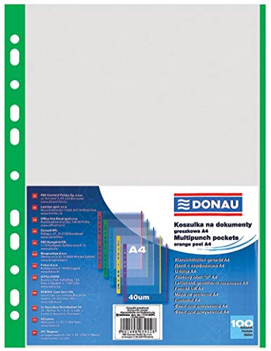 DONAU 1774100PL-06 Prospekthüllen Genarbt Grüner Rand Oben Offen Klarsichthüllen Sicht-Hüllen Gelochte Plastikhülle für Dokumente Papiere Akten Ordner/ PP Din A4, Transparent 40 mikron/ µm, 100stk. DONAU 1774100PL-06 Prospekthüllen Genarbt Grüner Rand Oben Offen Klarsichthüllen Sicht-Hüllen Gelochte Plastikhülle für Dokumente Papiere Akten Ordner/ PP Din A4, Transparent 40 mikron/ µm, 100stk. von DONAU