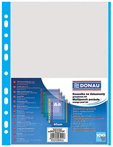 DONAU 1774100PL-10 Prospekthüllen Genarbt Blauer Rand Oben Offen Klarsichthüllen Sicht-Hüllen Gelochte Plastikhülle für Dokumente Papiere Akten Ordner/ PP Din A4, Transparent 40 mikron/ µm, 100stk. DONAU 1774100PL-10 Prospekthüllen Genarbt Blauer Rand Oben Offen Klarsichthüllen Sicht-Hüllen Gelochte Plastikhülle für Dokumente Papiere Akten Ordner/ PP Din A4, Transparent 40 mikron/ µm, 100stk. von DONAU