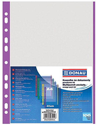 DONAU 1774100PL-23 Prospekthüllen Genarbt Violett Rand Oben Offen Klarsichthüllen Sicht-Hüllen Gelochte Plastikhülle für Dokumente Papiere Akten Ordner/ PP Din A4, Transparent 40 mikron/ µm, 100stk. DONAU 1774100PL-23 Prospekthüllen Genarbt Violett Rand Oben Offen Klarsichthüllen Sicht-Hüllen Gelochte Plastikhülle für Dokumente Papiere Akten Ordner/ PP Din A4, Transparent 40 mikron/ µm, 100stk. von DONAU