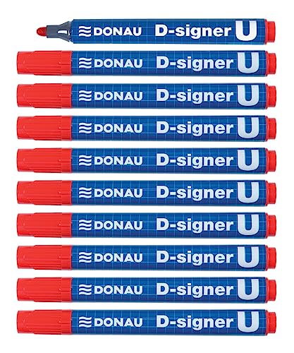 DONAU 7371001-04PL D-Signer U Permanentmarker / 10 Stück/Rot/Rundspitz 2-4mm (Strich) / Permanent Marker/Ungiftig/Wasserfest/auf Alkoholbasis von DONAU