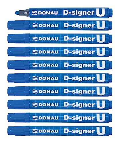 DONAU 7371001-10PL D-Signer U Permanentmarker / 10 Stück / Blau/ Rundspitz 2-4mm (Strich) / Permanent Marker/ Ungiftig / Wasserfest/ auf Alkoholbasis von DONAU