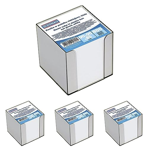 DONAU 7492001PL-09 Ökologischer Würfel Zettelkasten/Zettelbox/Zettelklotz Nicht Verklebt, in Einer Kunststoff Box/circa 800 Blatt, 90 x 90x 85mm, Farbe: Weiß (Packung mit 4) von DONAU