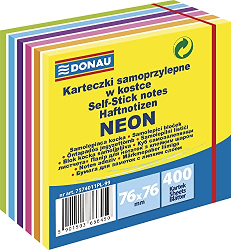 DONAU 7574011PL-99 Notes Haftnotizen Farben Neon Selbstklebewürfel Haftnotizzettel Sticky Notes 76x76mm, 1x400 Blatt, Notizblöcke quadratisch für Büro Schule von DONAU