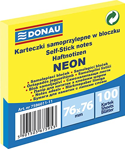 DONAU 7586011-11 Notes Würfel Haftnotizen Neon-Gelb Selbstklebende Haftnotizzettel Sticky Notes 76X76mm, 1x100 Blatt, Notizblock klebend für Büro Schule, gelb neon von DONAU