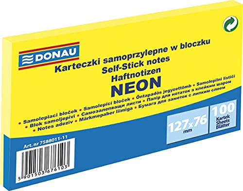 DONAU 7588011-11 Notes Würfel Haftnotizen Neon-Gelb Selbstklebende Haftnotizzettel Sticky Notes 127x76mm, 1x100 Blatt, Notizblock klebend für Büro Schule von DONAU