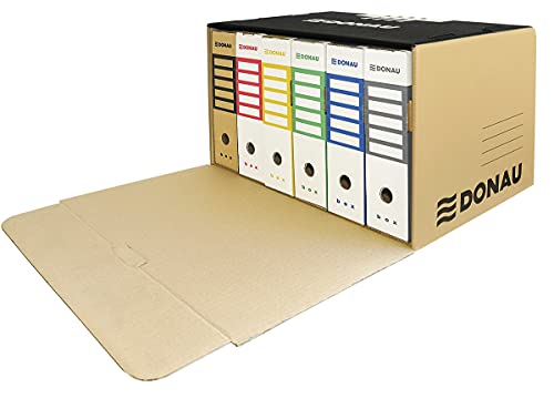 DONAU 7667301FSC-02 Verstärkte Archiv-box mit mit Frontklappe aus recyceltem Karton aus dreilagiger Wellpappe C Ablagebox Archivkarton | 5 Stück | Tragkraft bis 12 kg Farbe Braun | FSC® Zertifiziert von DONAU