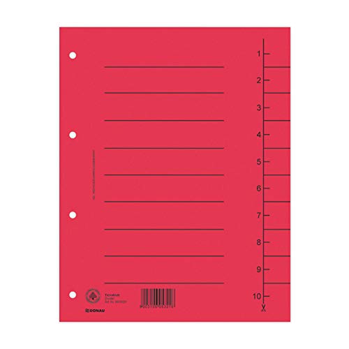 DONAU 8610001-04 100er Pack Trennblätter, Farbe: Rot/ Karton-Register überbreit Aus Recycling-Karton 250 g/qm mit Linienaufdruck für DIN A4 4-Fach Lochung Trennlaschen Trennblätter Ordner Register von DONAU