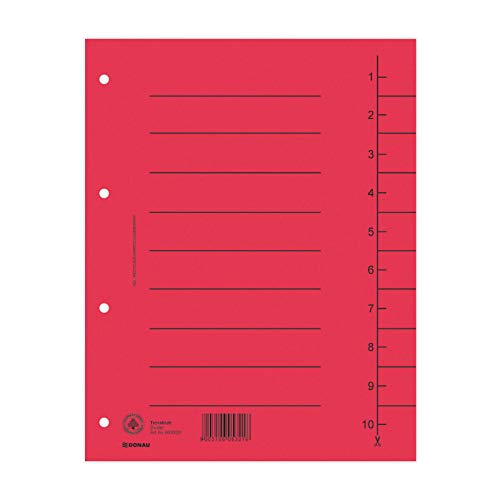 DONAU 8610001-04 100er Pack Trennblätter, Farbe: Rot/ Karton-Register überbreit Aus Recycling-Karton 250 g/qm mit Linienaufdruck für DIN A4 4-Fach Lochung Trennlaschen Trennblätter Ordner Register von DONAU