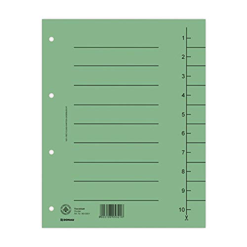 DONAU 8610001-06 100er Pack Trennblätter, Farbe: Grün/ Karton-Register überbreit Aus Recycling-Karton 250 g/qm mit Linienaufdruck für DIN A4 4-Fach Lochung Trennlaschen Trennblätter Ordner Register von DONAU