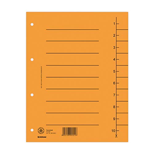 DONAU 8610001-12 100er Pack Trennblätter, Farbe: Orange/ Karton-Register überbreit Aus Recycling-Karton 250 g/qm mit Linienaufdruck für DIN A4 4-Fach Lochung Trennlaschen Trennblätter Ordner Register von DONAU