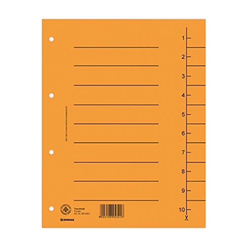 DONAU 8610001-12 100er Pack Trennblätter, Farbe: Orange/ Karton-Register überbreit Aus Recycling-Karton 250 g/qm mit Linienaufdruck für DIN A4 4-Fach Lochung Trennlaschen Trennblätter Ordner Register DONAU 8610001-12 100er Pack Trennblätter, Farbe: Orange/ Karton-Register überbreit Aus Recycling-Karton 250 g/qm mit Linienaufdruck für DIN A4 4-Fach Lochung Trennlaschen Trennblätter Ordner Register von DONAU