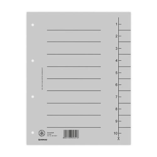 DONAU 8610001-13 100er Pack Trennblätter, Farbe: Grau/ Karton-Register überbreit Aus Recycling-Karton 250 g/qm mit Linienaufdruck für DIN A4 4-Fach Lochung Trennlaschen Trennblätter Ordner Register von DONAU