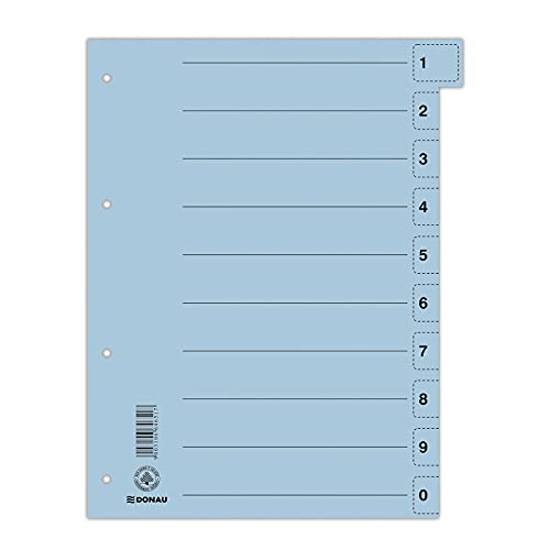DONAU 8611001-10 Trennblätter 50er Pack/Farbe: Blau/Karton-Register überbreit Aus Recycling-Karton/für DIN A4 4-Fach Lochung Trennlaschen Trennblätter Ordner Register/Blauer Engel/Made in EU von DONAU
