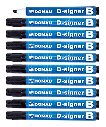 DONAU D-Signer B Tafel-Marker Whiteboard-Marker Boardmarker / 10 Stück/Schwarz/Rundspitze 2-4 mm/Trocknungsbeständig - bis zu 72 Stunden ohne Kappe/Nicht Toxische Tinte von DONAU