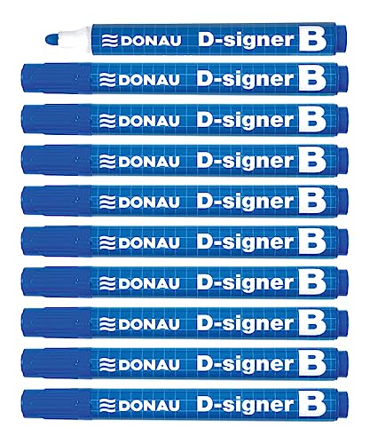 DONAU D-Signer B Tafel-Marker Whiteboard-Marker Boardmarker / 10 Stück/Blau/Rundspitze 2-4 mm/Trocknungsbeständig - bis zu 72 Stunden ohne Kappe/Nicht Toxische Tinte von DONAU