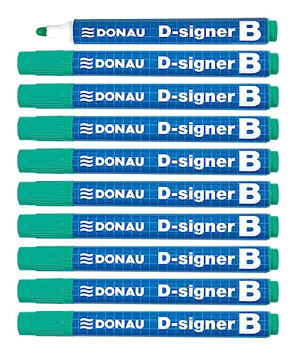DONAU D-Signer B Tafel-Marker Whiteboard-Marker Boardmarker / 10 Stück / Grün / Rundspitze 2-4 mm/ Trocknungsbeständig - bis zu 72 Stunden ohne Kappe/ Nicht Toxische Tinte von DONAU