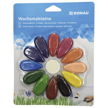 DONAU Wachsmalsteine Tropfen - 12 Farben sortiert 1 Radierer. von DONAU