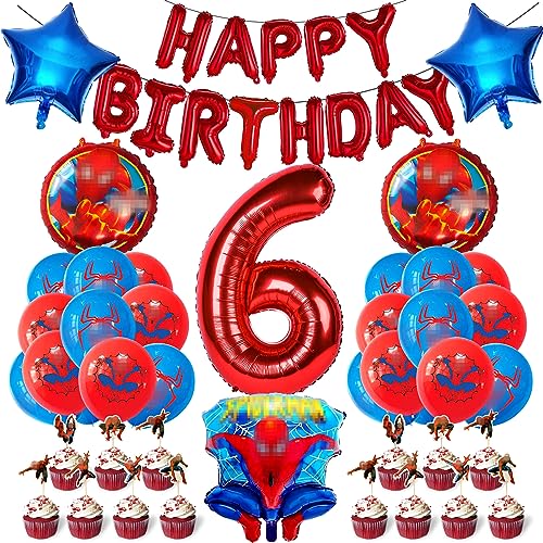 Geburtstagsdeko Jungen 6 Jahre,Riesenzahl Rot 6 Folienballon Luftballon+5 Folienballons+1 Happy Birthday Banner+18 Latexballon+24 Tortendeko,Luftballon Dekoration zum Kindergeburtstag von DONCOO