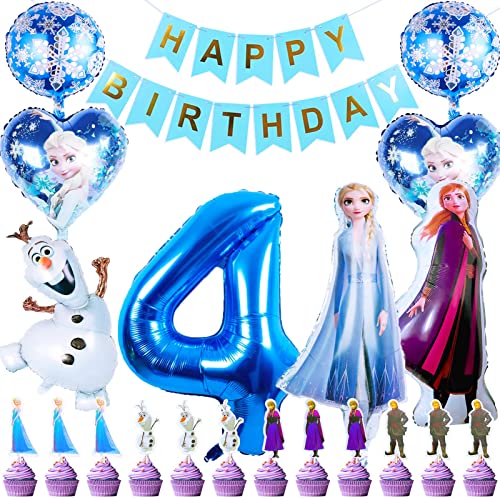 Gefrorene Geburtstagsparty Deko,Happy Birthday Banner,Luftballon 4. Geburtstag,7 Eisprinzessin Schneeflocke Folienballon und 24 Kuchen Topper,Gefrorene Prinzessin Geburtstagsfeier Dekoration von DONCOO