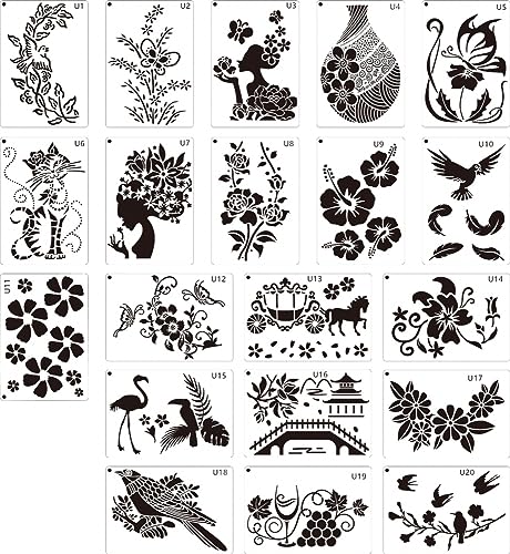 Blumen Schablone,20 Stück 14.5 x 21cm Wiederverwendbare Zeichnung Schablonen,DIY Malschablone Satz für DIY Sammelalben, Malen auf Holz, Wand, Heimdekoration von DONGKER