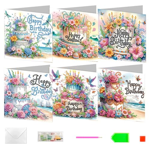 DONGKER Diamant Painting Karten Set, 6 Stück Diamond Malerei Geburtstagskarte mit Briefumschlag & Werkzeug, 5D Diamant Malerei Grußkarte für Freunde, Familie, Erwachsene DIY Bastelarbeiten von DONGKER