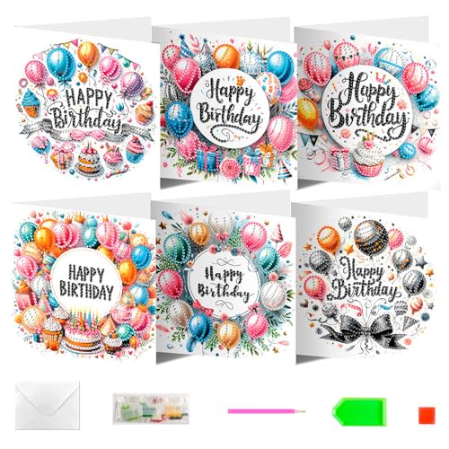 DONGKER Diamant Painting Karten Set, 6 Stück Diamond Malerei Geburtstagskarte mit Briefumschlag & Werkzeug, 5D Diamant Malerei Grußkarte für Freunde, Familie, Erwachsene DIY Bastelarbeiten von DONGKER
