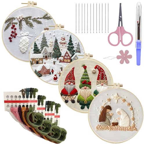 DONGKER Weihnachten Stickset, DIY Handstickset, Weihnachtsschmuck Stickerei Set Anfänger mit Musternadeln und -fäden für Erwachsene von DONGKER