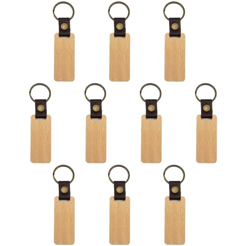 Schlüsselanhänger Holz, 10 Stück Blank Wood Keychain, Schlüsselanhänger Rohlinge mit Lederband für Lasergravur, DIY verschiedene Schlüsselanhänger, Holzhandwerk-Geschenk von DONGKER