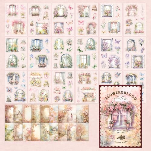 Scrapbook-Zubehör-Set, 54 Blatt Garten, Blumen, Straßenlandschaft, vorgeschnittene transparente Washi-Aufkleber aus PET mit Collage-Papier, Ephemera für Junk Journaling, Scrapbooking von DONGKER