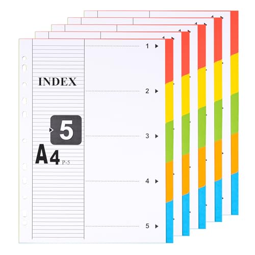 [5 Stück]Register für Ordner A4 5-teiliges, Farbig Trennblätter für Ordner A4 aus Karton mit Zahlen 1-5 Index,Ordner Trennblätter A4 von DONGLI