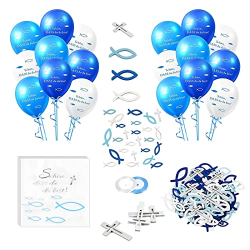 Kommunion Deko,132 Stück Servietten Fisch Blau Kommunion,36 Stück Servietten 'Schön, DASS du da bist!', Taufe Junge + 24 Luftballons +66 Stücke Holz Fische Deko,für Taufe, konfirmation deko(Blau) von DONGSZQ