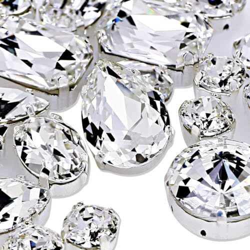 DONGZHOU Strasssteine zum Aufnähen, Glass Sewing Gemstones mit Silber Krappenfassung für DIY Crafts Schmuck machen Kleidung Hut Maske Hochzeit Kleid Dekoration 82Stück,Kristall von DONGZHOU