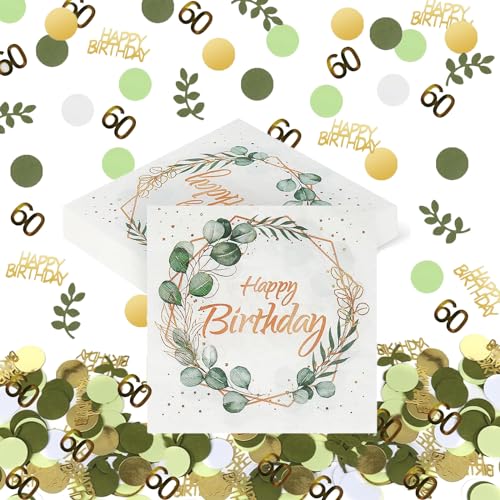 300 Stück Konfetti 60 Geburtstag Deko Grün Und 40 Stück Servietten Eukalyptus Geburtstag, Happy Birthday Tischdeko Geburtstag Grün, 60 Geburtstag Mann Tischdekorationen(60 Geburtstag Dekoration) von DONGZQAN