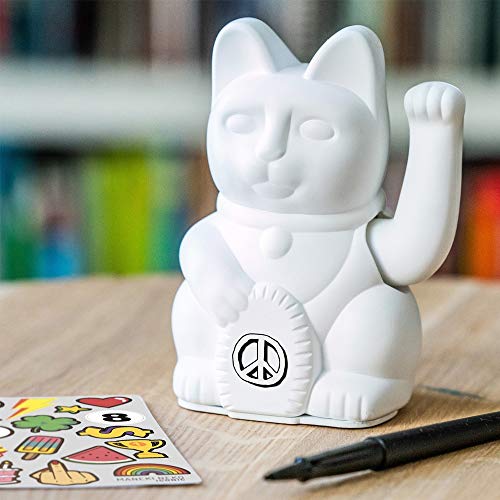 DONKEY Products Iconic Cat Winkekatze in der Farbe Weiß aus Kunststoff mit 16 Sticker, 12cm, 330484 von DONKEY