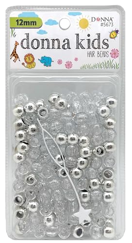 DONNA Kinder Haarperlen 12mm (170 Stück) - Silber Mix Pony Perlen mit Fädelwerkzeug - Spaß Flechten & Bastelzubehör für Mädchen von DONNA