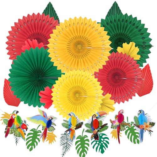 DONQL 21 Stk Dschungel Deko Set, Hawaii Deko mit 6 Tropische Vögel aus Wabenpapier in Form von Papageien und Bunten Papierblumen zum Aufhängen für Sommer/Safari/Beach Party Deko von DONQL