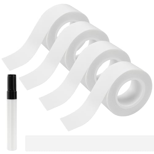 DONQL 4 Rollen Etikettenband mit 1 Reinigungsstift, Selbstklebend Thermoetiketten Weiß(15MM*4M), Einfach zu öffnende und Wasserfeste Etikettenband für Schule, Familie, Büro, Datumsverwaltung usw von DONQL
