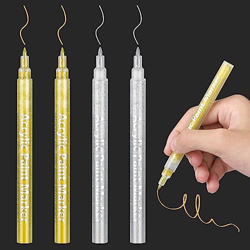 DONQL 4Pcs Acrylstifte 0.7mm Glitzerstifte Acrylstifte für Steine Wasserfest Marker Stifte Permanent Marker Lackstift Metallic Stifte (2 gold + 2 Silberfarben) von DONQL