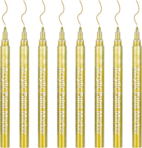 DONQL 8Pcs Acrylfarbe Stift 0.7mm Gold Metallic Permanent Acryl Marker Set Glas Glitter Farbe Stifte für Stoff Glas Rock Holz Keramik Leder (8 gold) von DONQL